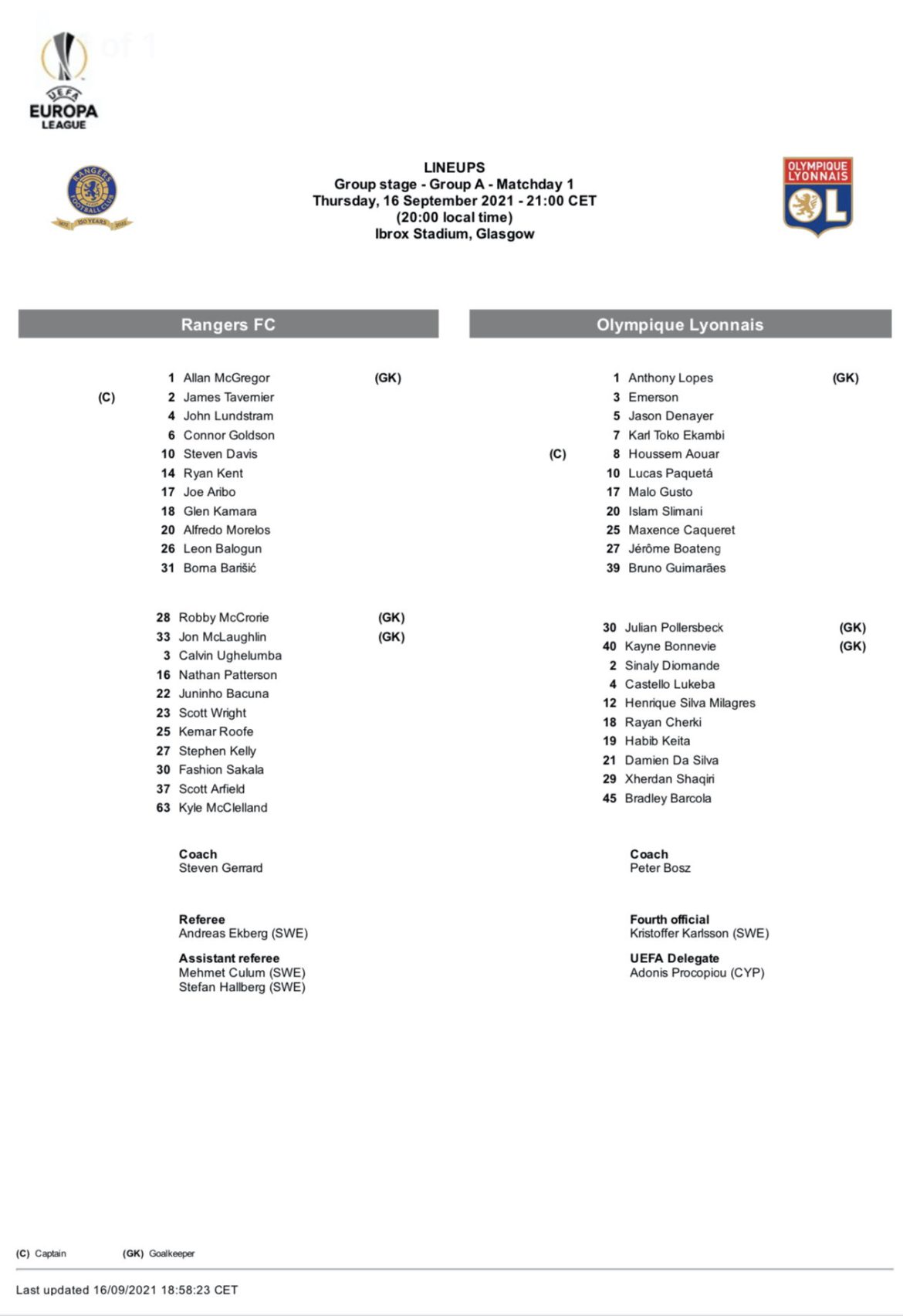 Rangers 0 v 2 Lyon, Europa League, Game 1